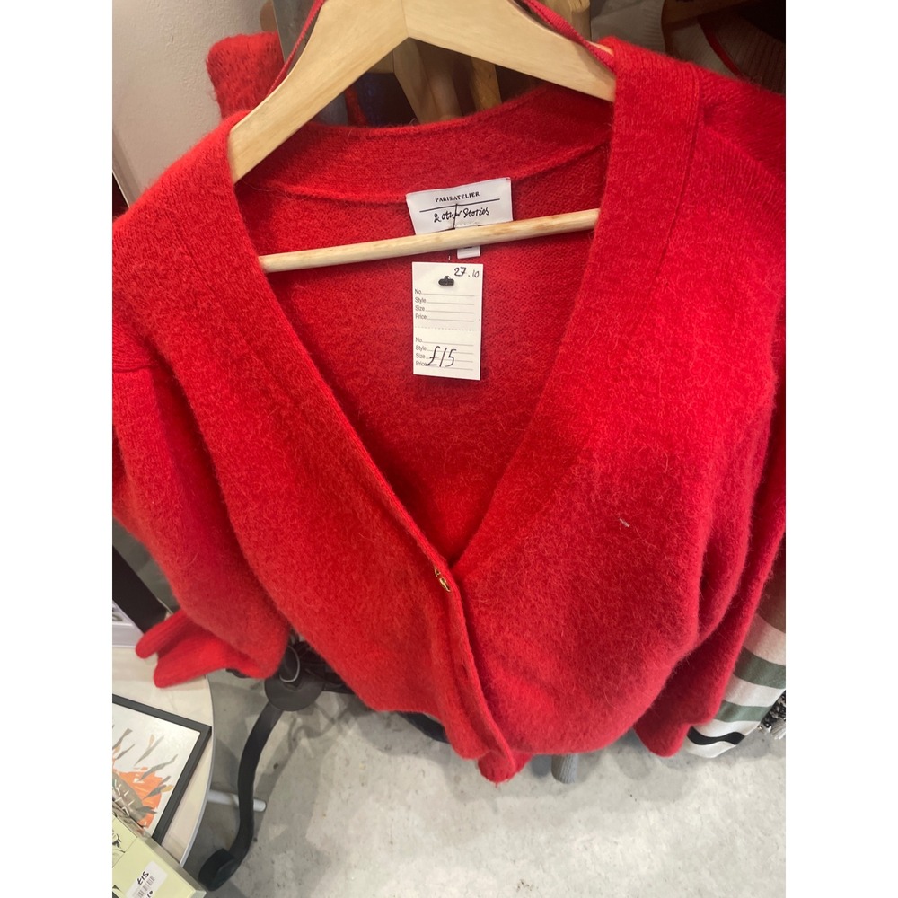 AND OTHER STORIES Red V Neck Fuzzy Button Up Cardigan Sweater Women‎
